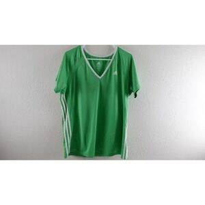 adidas women's xl activewear t-shirt green w white stripe v-neck short sleeves